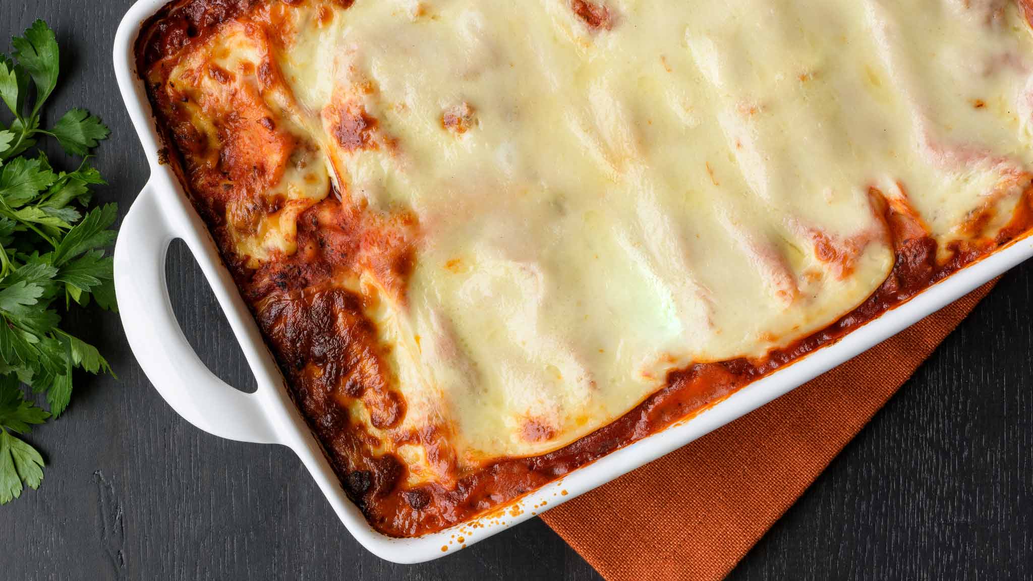 Close up photo of baked lasagna